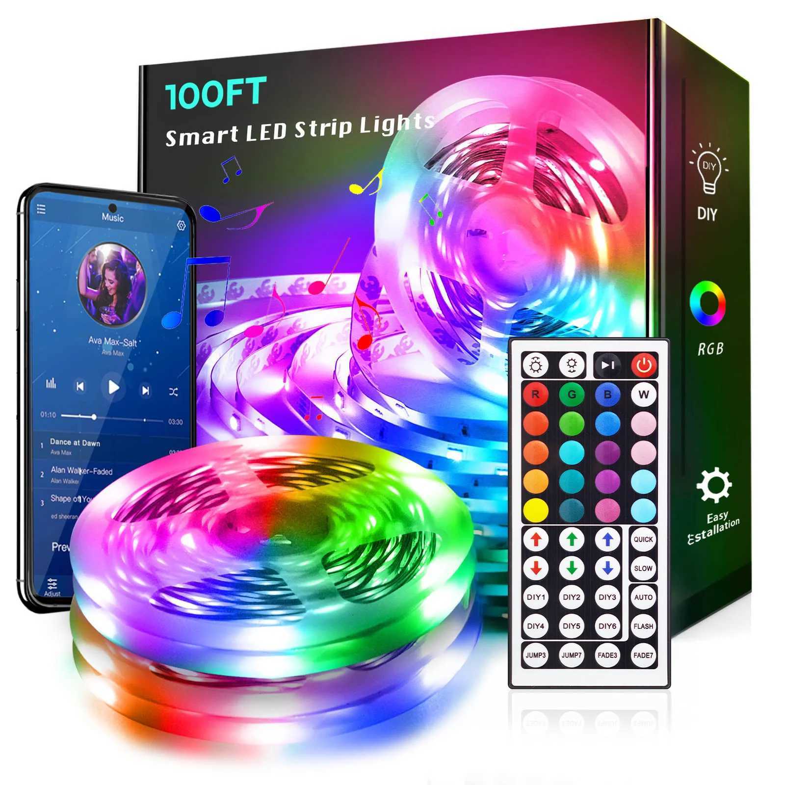 100ft led Strip Lights Tape Lights with Remote Bluetooth Smart App 5050 RGB Color Changing Strip Lighting Bedroom Kitging Decor W251112