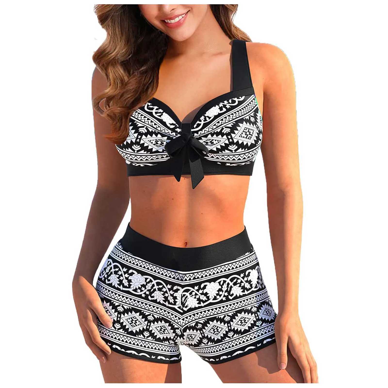 Two Piece Sexy Ladies Split High Waist Printed Bikini Female Fashion Vintage Swimwear With Bra Pads And No Steel Bra SwimsuitW251113