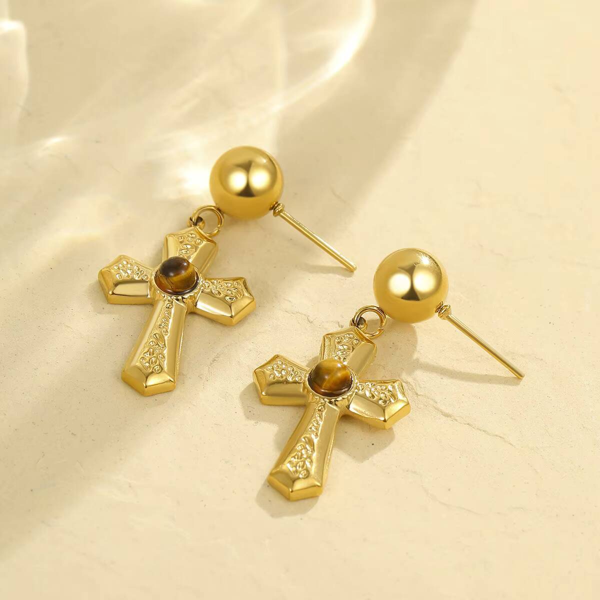 Europe United States Cross Earrings with Stainless Steel Natural Stone Diamond Main Stone Advanced Design Cross-Border Wholesale