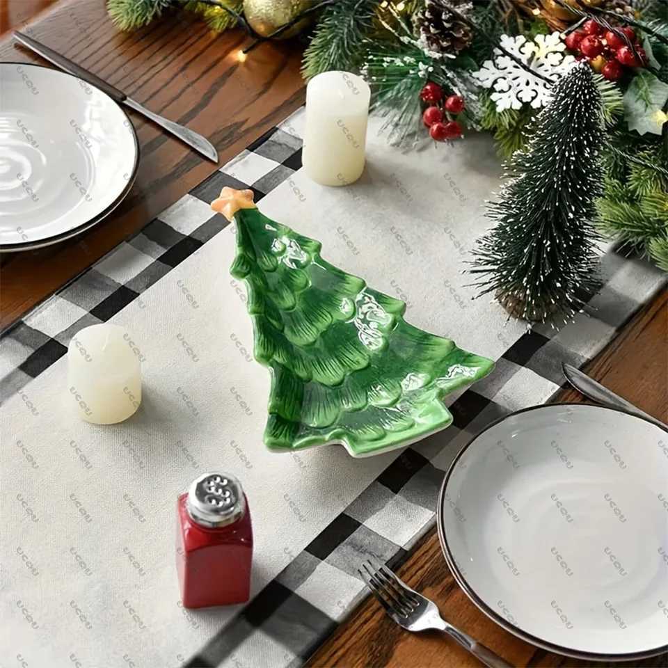 Christmas Waterclor Buffalo Plaid Christmas Trees Merry Xmas Table Runner Holiday Decorative Cloth Flag Family Party Kitchen Gift Flax Xma Y251113