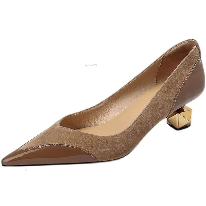 New free shipping designer shoes Northern Xinjiang Wolf's new patchwork single shoe women's middle heel pointed shallow mouth apricot high h