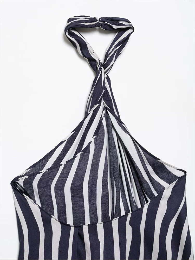 TFMLN Summer Womens Stripe Printed Set Fashion Sleeveless Strap Backless Top Pocket Casual Wide Leg Pants Set 250411