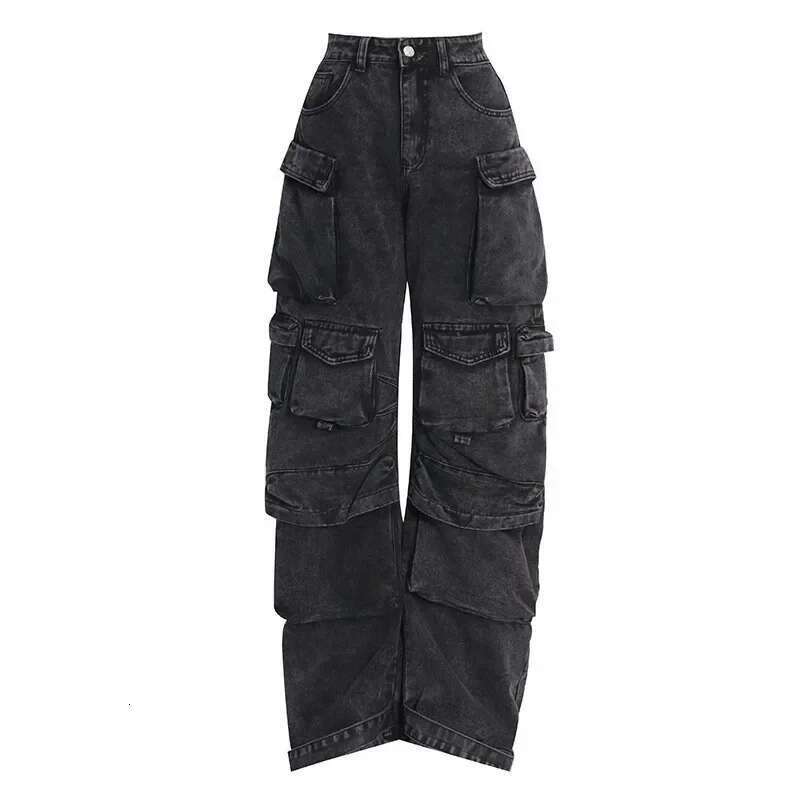 Multi-Pocket Blue Washed Cargo Y2k Retro Street Fashion High Waist Jeans Couple Haruku Simple Casual Wide Leg Pants