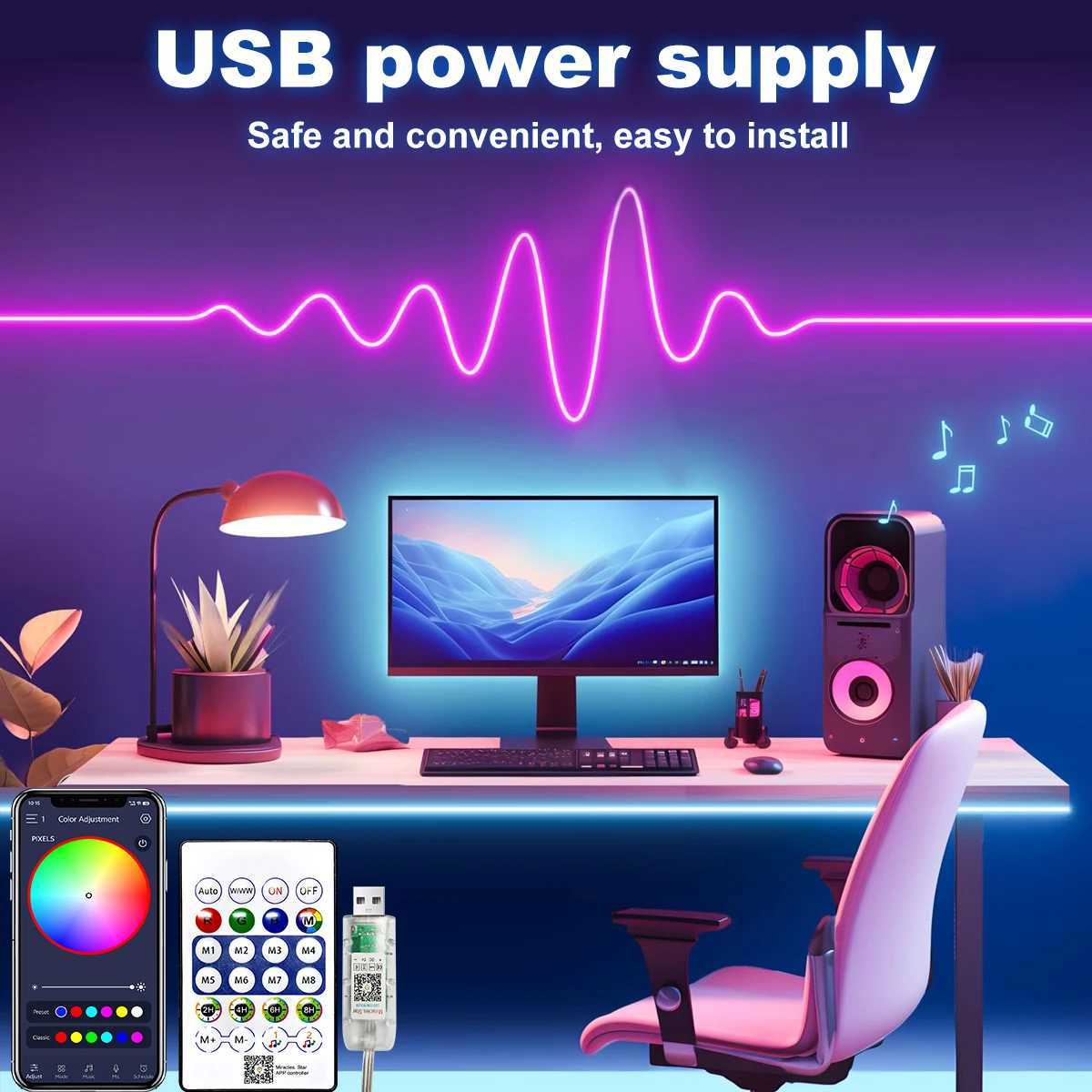 5v Smart RGB Neon Light Strip USB App/Remote Control Music Sync Waterproof Flexible Neon Strip for Bedroom Game Party Decoration W251112