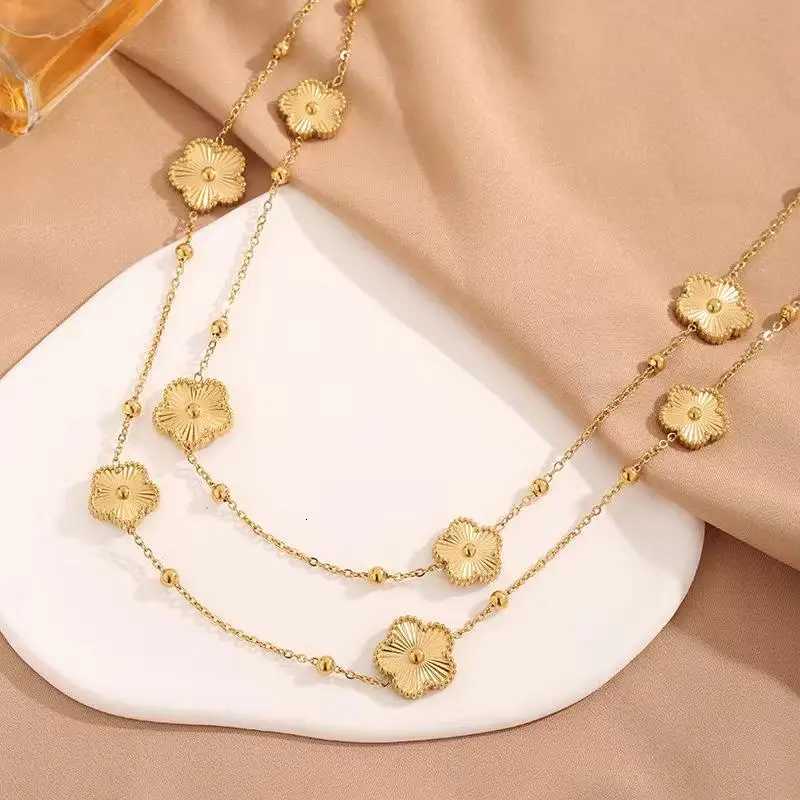 Luxury Fashion Double-Sided Laser Five-Leaf Flower Stainless Steel Double Necklace Women Gold Sweater Chain Party Daily Jewelry