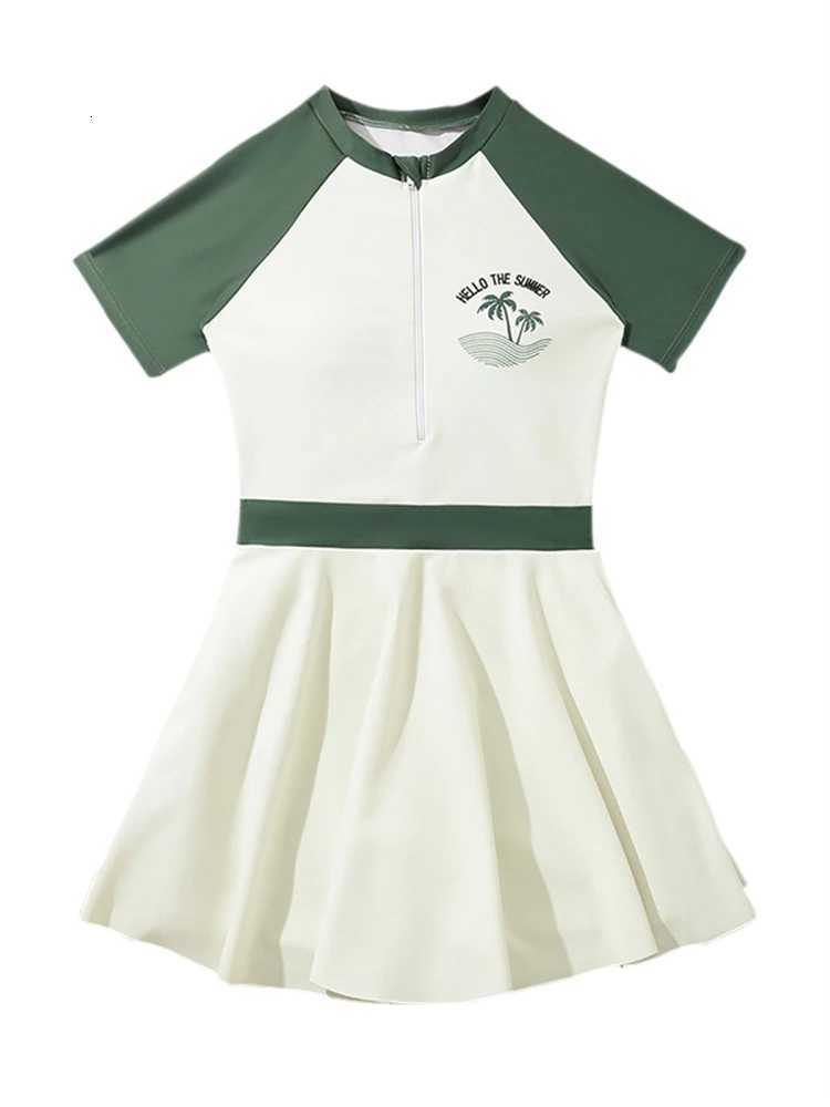 Kids Swimsuit Girls 2026 New Solid Short Sleeves Long Dress zipper Children Swimwear Summer Beachwear Bathing Suit Swimming GirlW251113