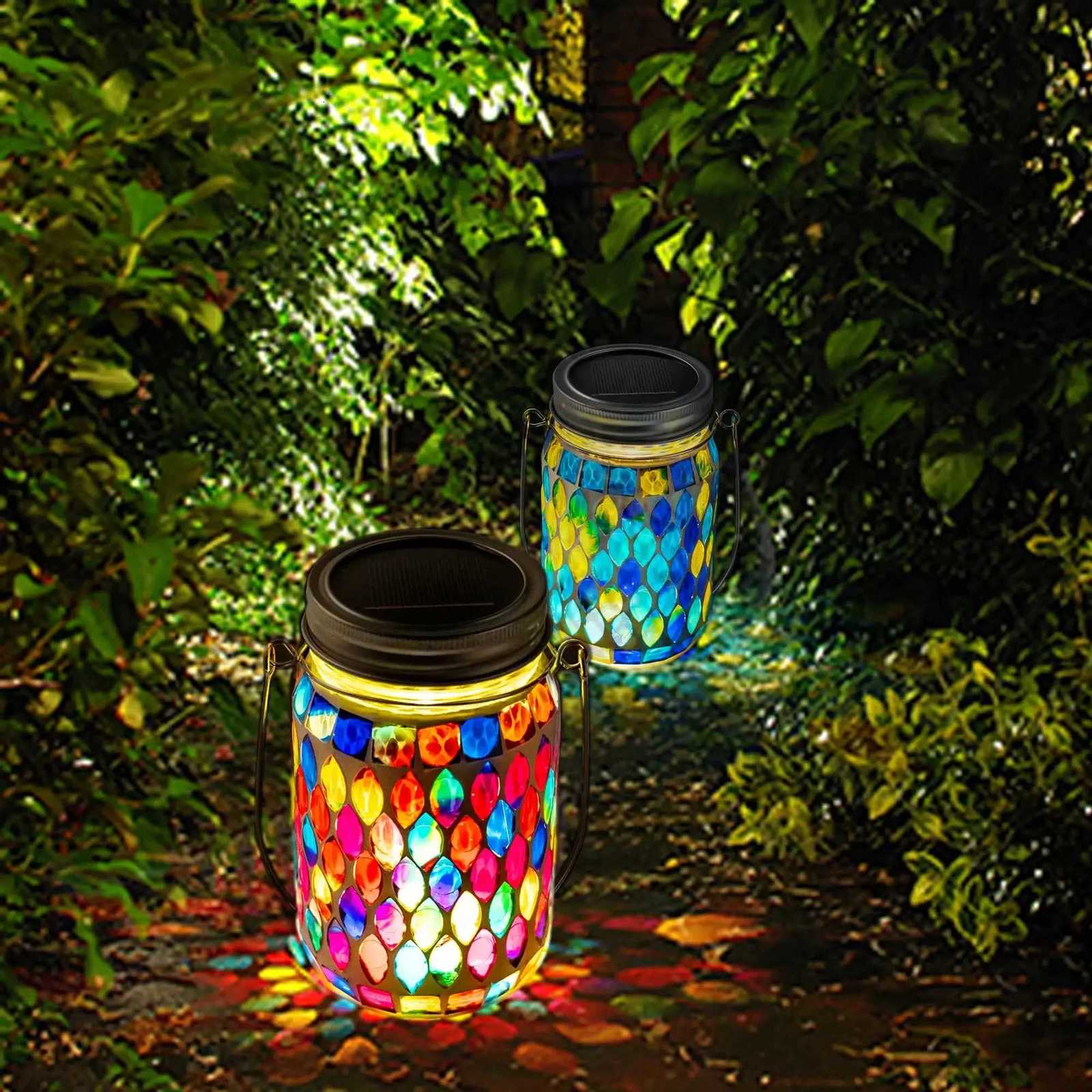 Solar Mosaic Lantern Hanging Mason Jar Glass Lights Outdoor Waterproof Table Lamp Decoration for Garden Patio Party Yard Balcony M251113