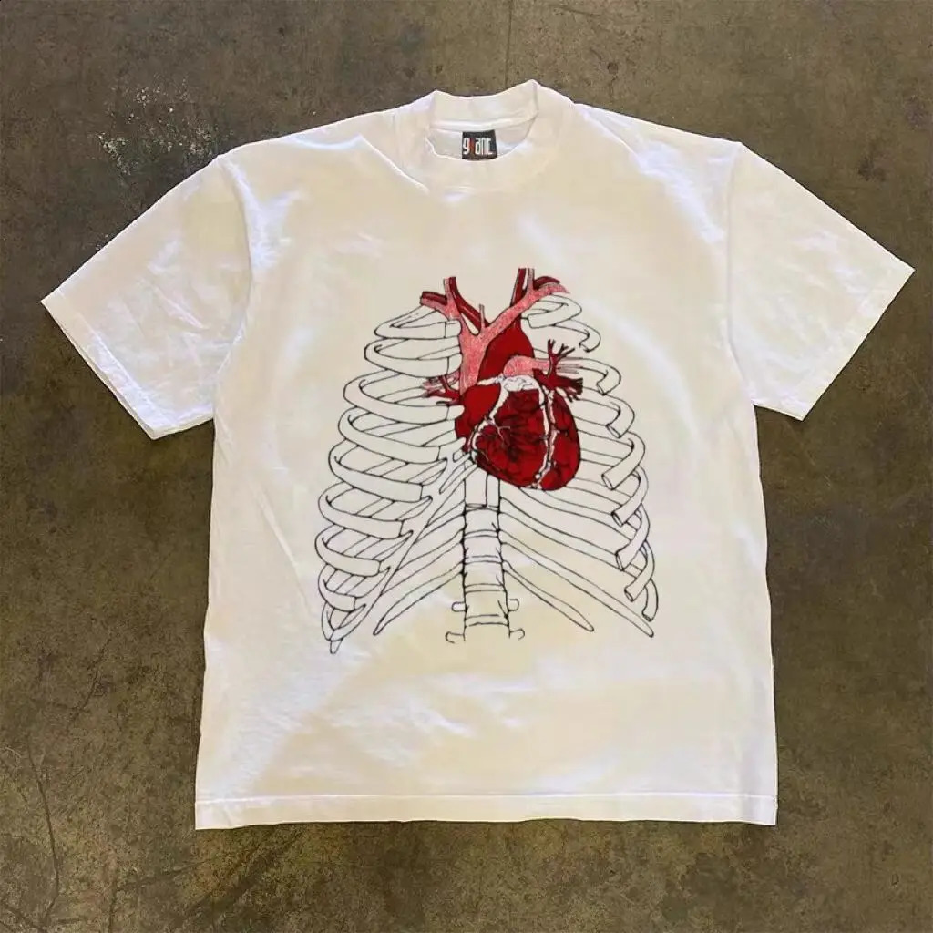 100 pure cotton summer skeleton printed Tshirt round neck plus size street top short sleeved mens clothing 250408