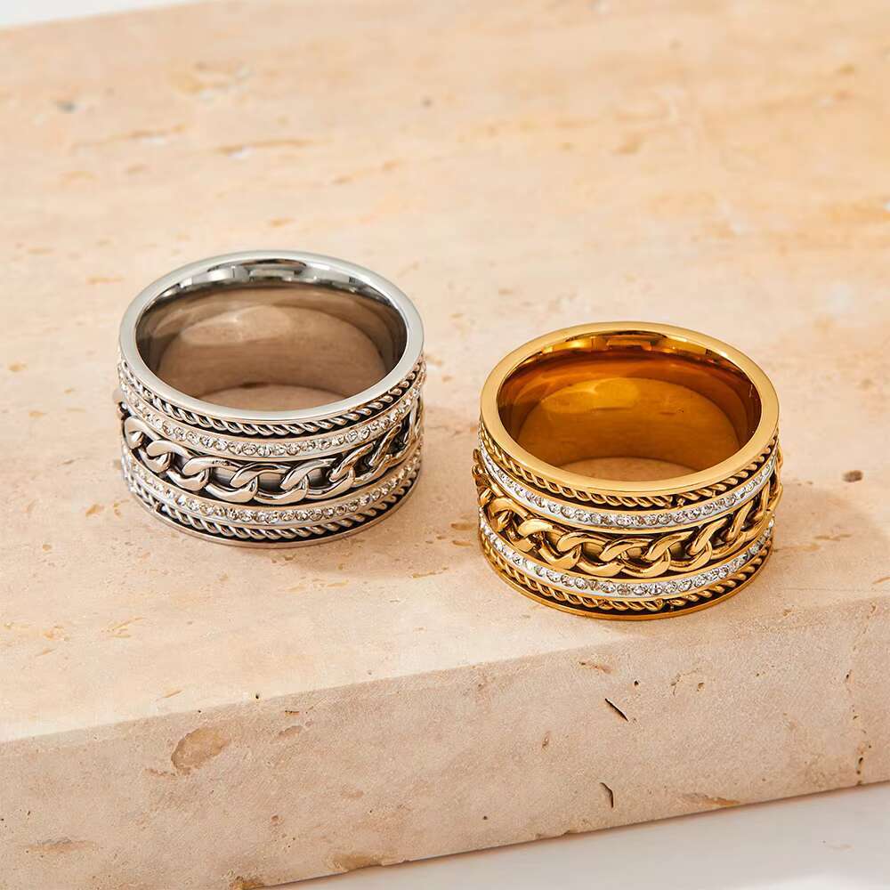 Hip Hop Gold Stainless Steel Cuban Chain Rhinestone Thick Ring for Men Women