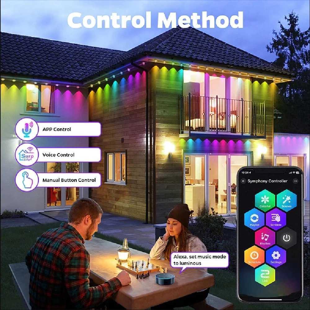 15M/30M/45M/60M RGBIC Smart Eaves Light with APP/Remote Control IP67 Waterproof Outdoor String Lights House Roof Garden Lighting W251112