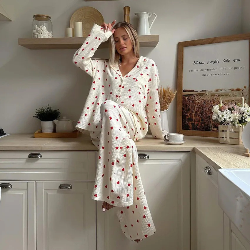 Summer Love Heart Print Pyjama 100% Cotton Long Sleeve Set 2Pcs Outfit Lapel Sleepwear Button Down Womens Pajamas Nightwear 250409