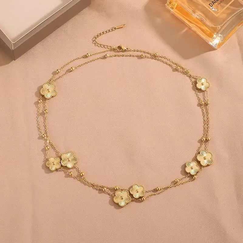 Luxury Fashion Double-Sided Laser Five-Leaf Flower Stainless Steel Double Necklace Women Gold Sweater Chain Party Daily Jewelry
