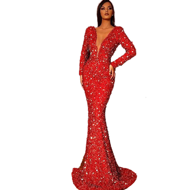2025 Spring New Womens Bag Hip Dress with Fish Tail Edge Red Glitter Long Sleeve V-neck Dress
