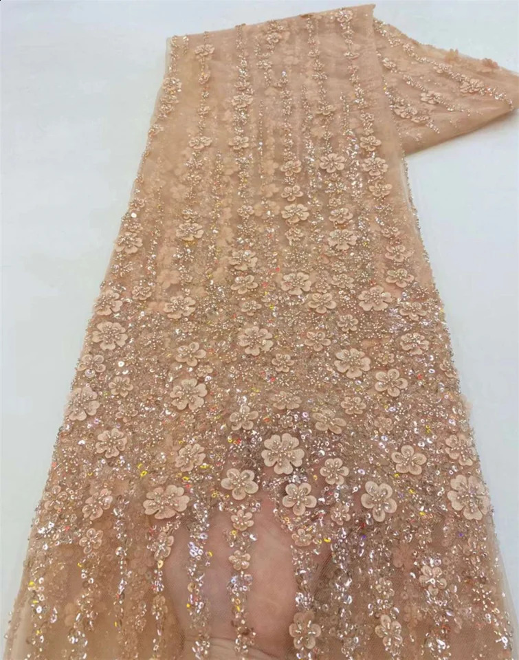 African Lace Fabric 2025 High Quality French 3D Flower Sequins Embroidery Beads Tulle Lace Fabric For Party Dress 250407