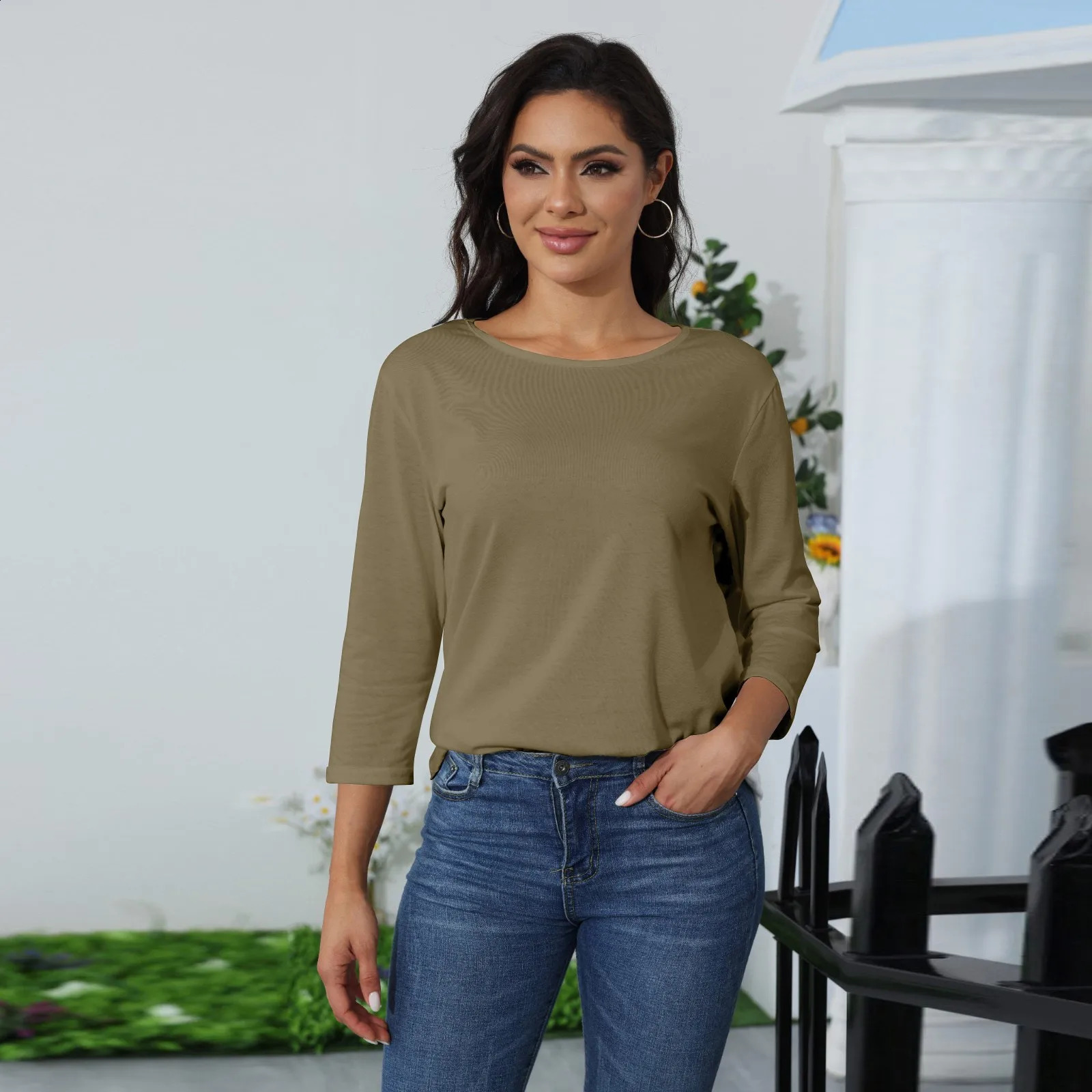 Womens Spring and Summer Top Round Neck Quarter Sleeve Solid Tshirt Loose Large Size Comfortable Soft 250407
