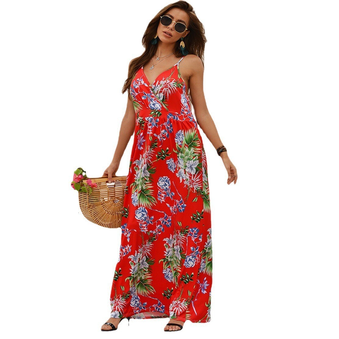 2025 Spring and Summer New Womens Fashion Strap Printed Beach Dress for Women
