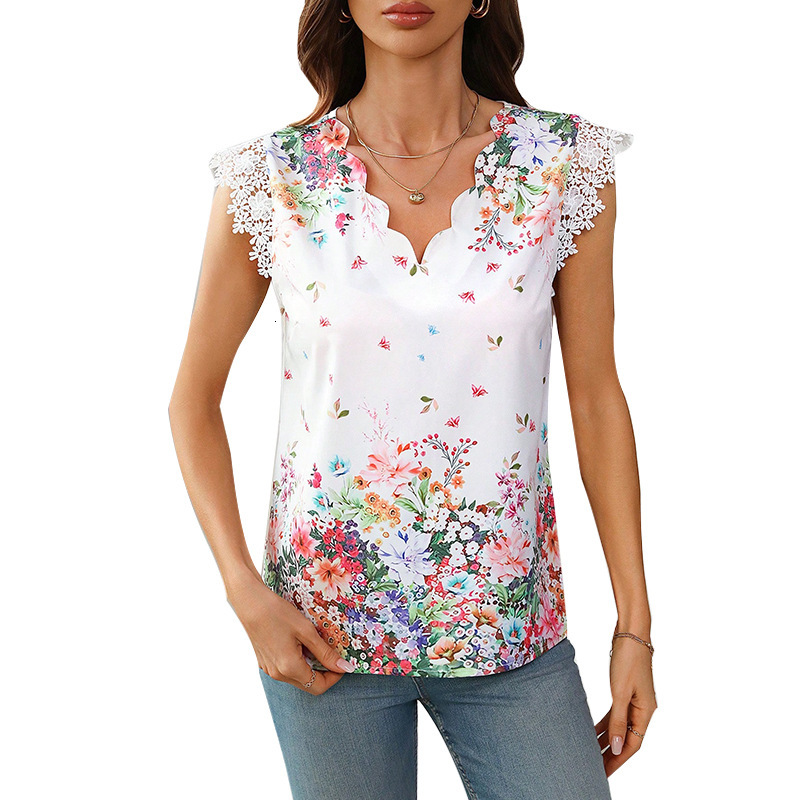 Womens clothing 2025 summer new style vacation style lace V-neck shirt printed shirt