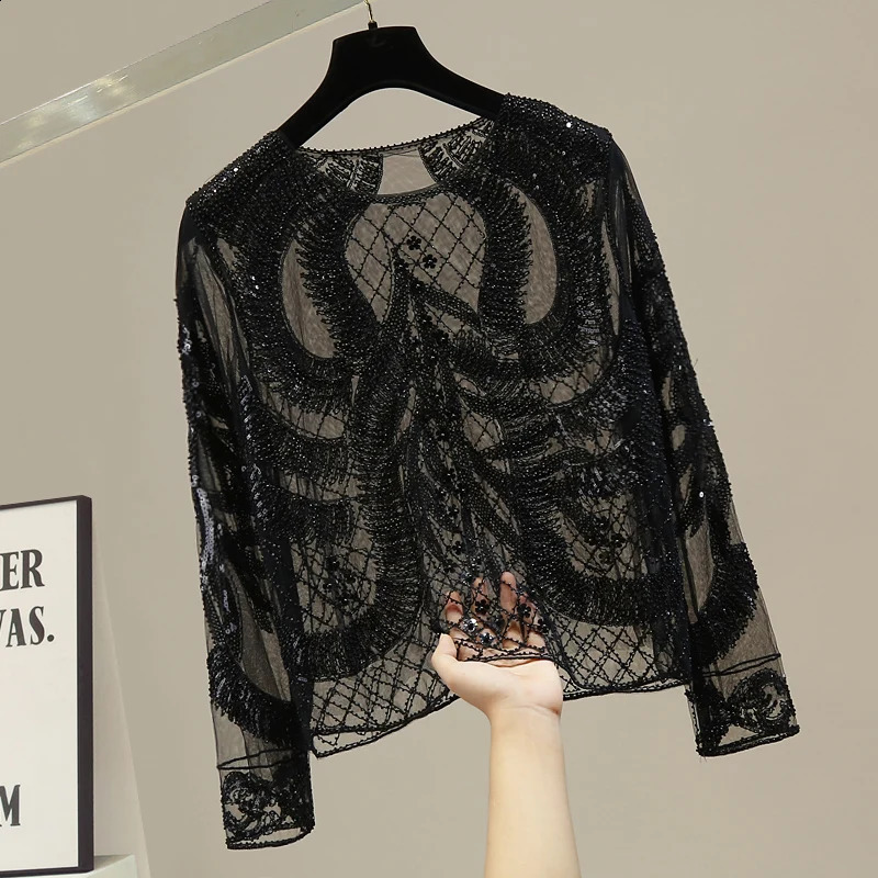 Autumn 2color retro sequin bead straight Oneck long sleeved slim fit casual womens Tshirt 8075 250407