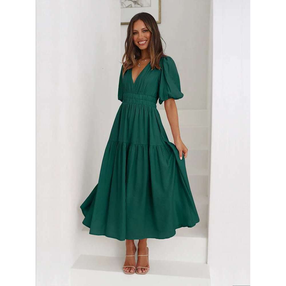 Fashion Ladies Summer Vintage Women Lantern Sleeve Ruffles Causal Dress V-Neck High Waist Sexy Party Midi Beach Dresses
