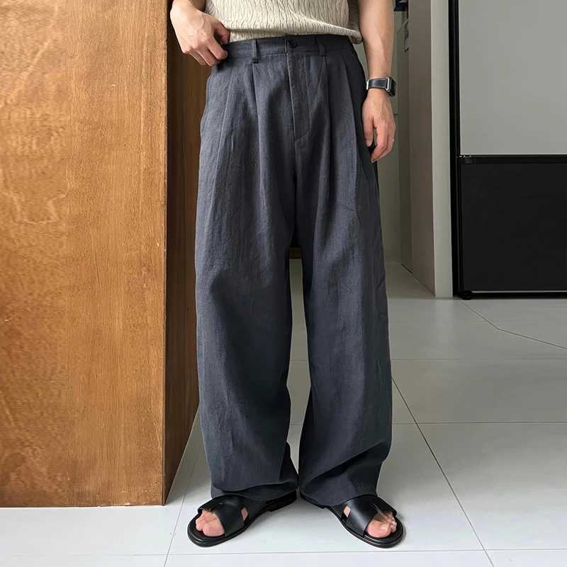 Mens luxury brushed linen wide leg casual button solid color straight high-end elegant sports pants M-3XLXJ250412