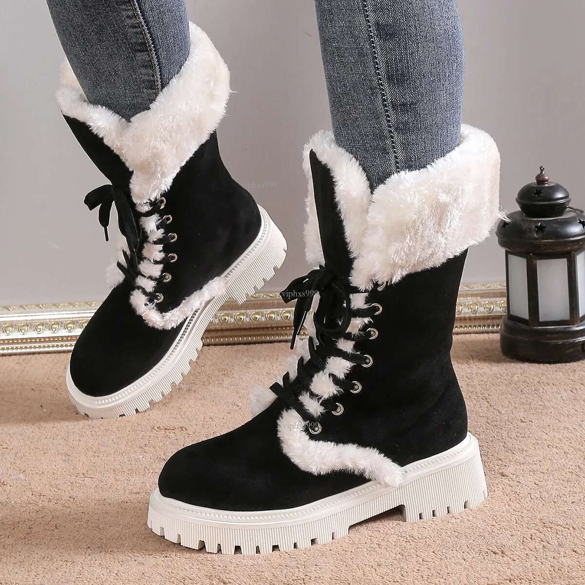 New Free Shipping Designer Shoes Autumn And Winter Oversized Plush Warm Thick Soled Mid Length Boots Fashionable Round Toe Lace Up Snow Boots For Wome