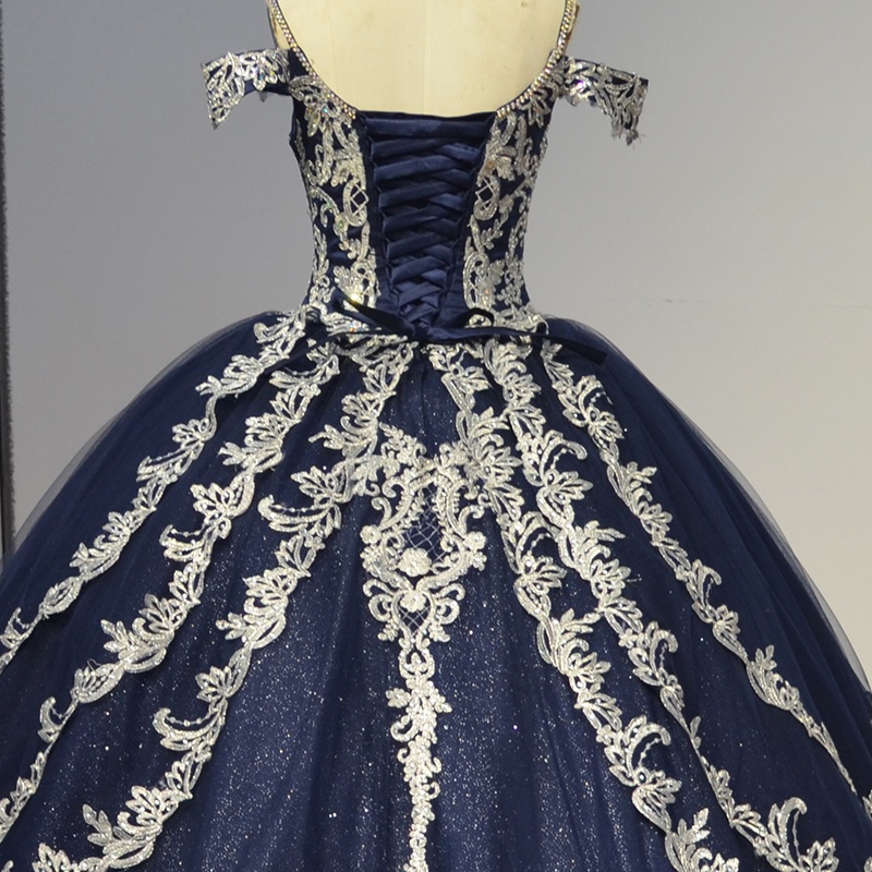 Navy Blue Shiny Princess Quinceanera Dresses Off Shoulder Applique Beads Tull Sweet 16 Dress Ball Gown Vestidos 15 De Anos