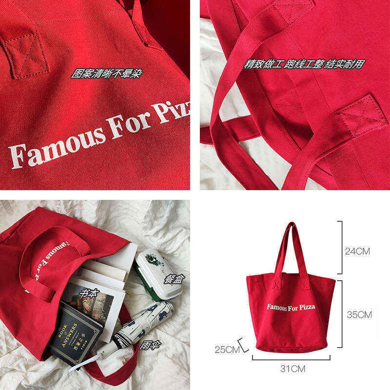 Red canvas large capacity single shoulder handbag, school commuting bag, minimalist cloth bag