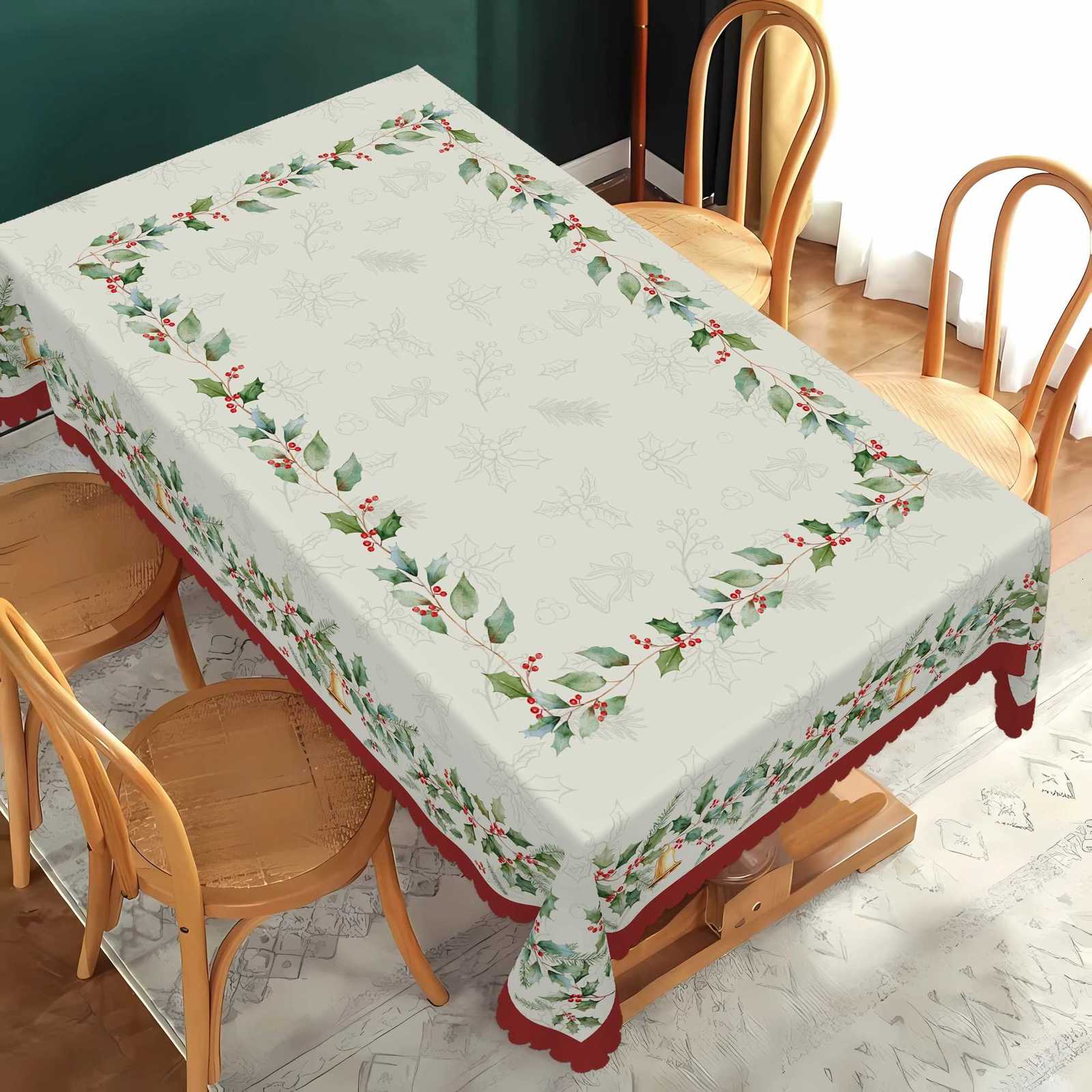 Christmas Merry Christmas Holly Berries Waterproof Tablecloth for Table Decor Winter Xmas Kitchen Dining Table Coth Christmas Decorations Y251113