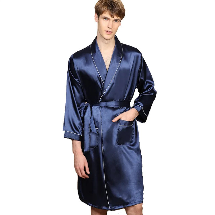Large Size 3XL 4XL 5XL Robe Men Summer Single Nightgown Navy Blue Satin Bathrobe Kimono Gown Long Sleeve Home Dressing Gown 250409