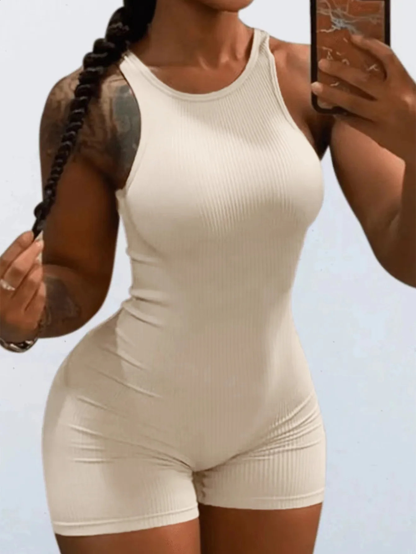 LW basic rib knitted tight fitting jumpsuit womens summer casual solid color sleeveless round neck onepiece dress 250411