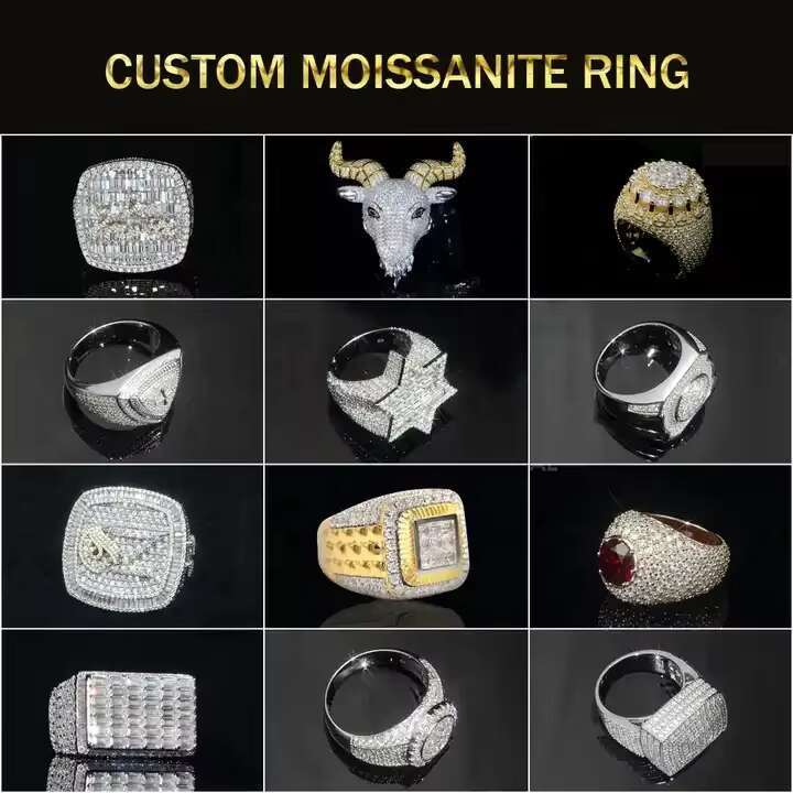 Hip Hop Gold Plated 925 Sterling Silver VVS Moissanite Rings Iced Out Baguette Cut Moissanite Ring Men