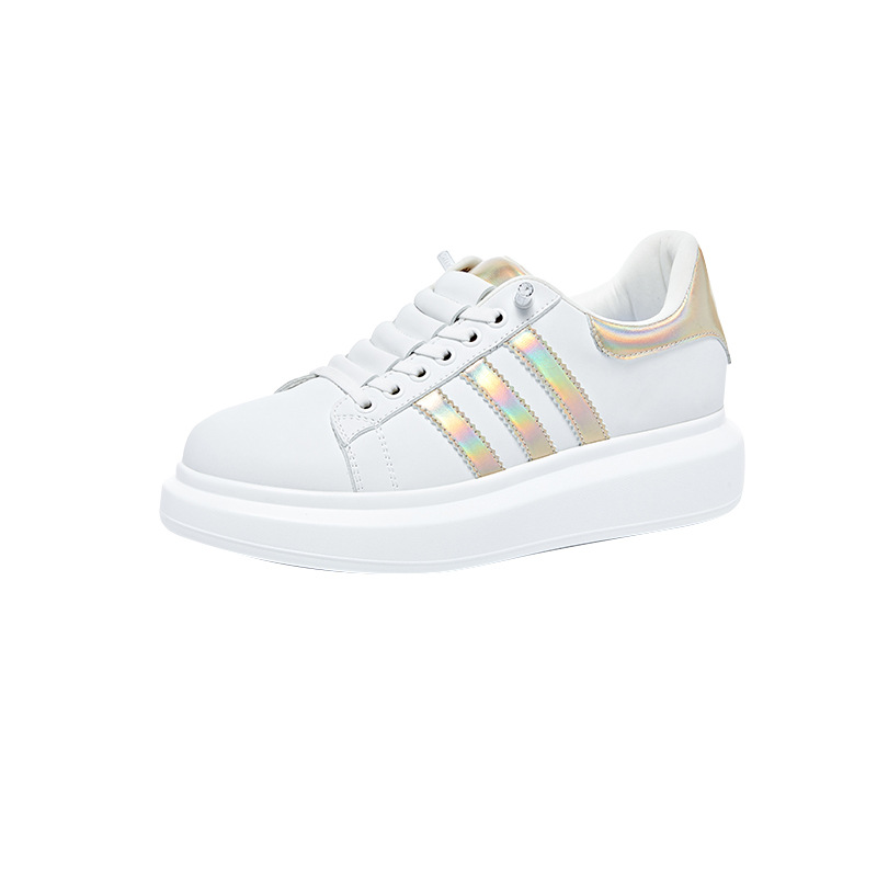 2025 Summer Hot New Fashion Women Casual White Sneakers Thick Sole PU Leather Color Blocking Lace Up Sports Shoes Comfortable Soft Bottom Small Plus S
