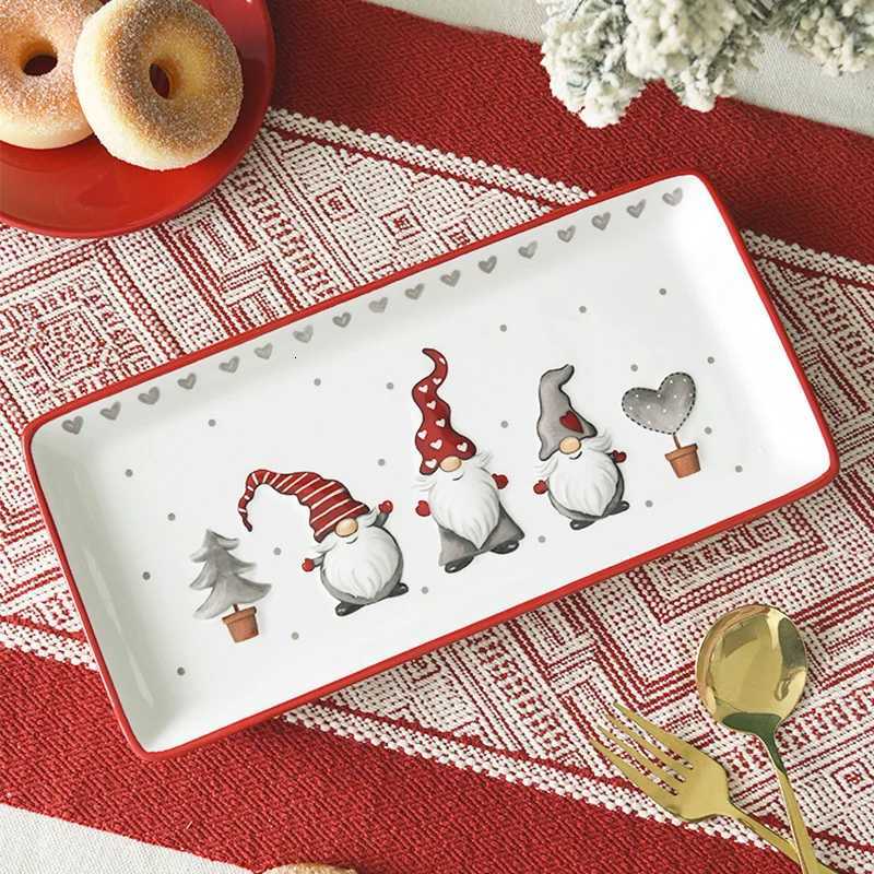 Christmas Christmas Ceramic Rectangular Plate Santa Relief Pattern Kitchen Household Tableware Shallow Plate Creative Western Steak Plate Y251113