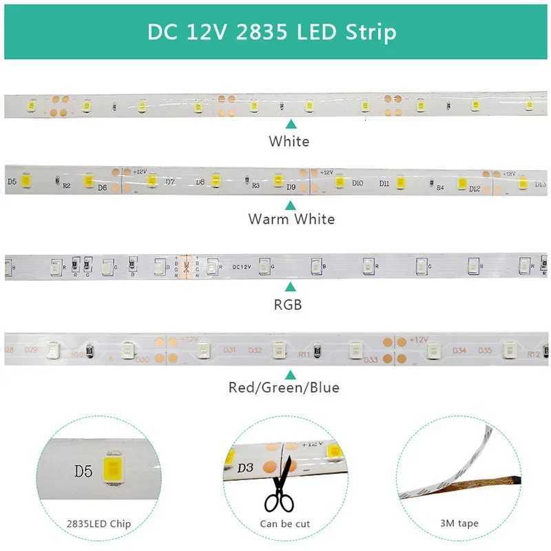 Led Strip Light 5M 300Leds SMD2835 12V White Warm Red Green Blue RGB Luces Led Light Waterproof Flexible Lamp Tape for Room Deco W251112
