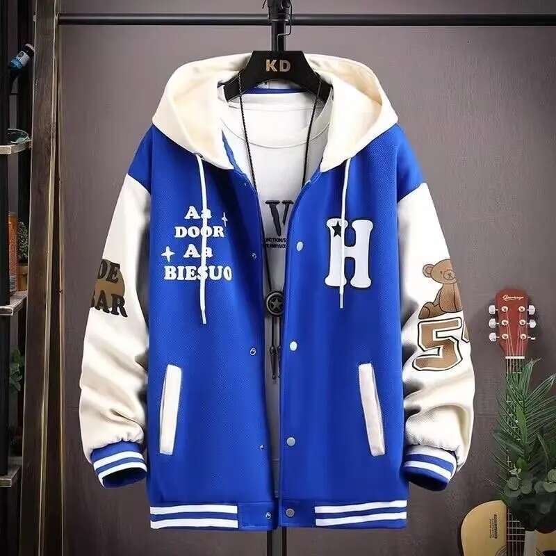 Baseball Jersey for Autumn Winter Black Blue Hooded Jacket Quality Cotton Hoodie Haruku High Street Men's Clothing