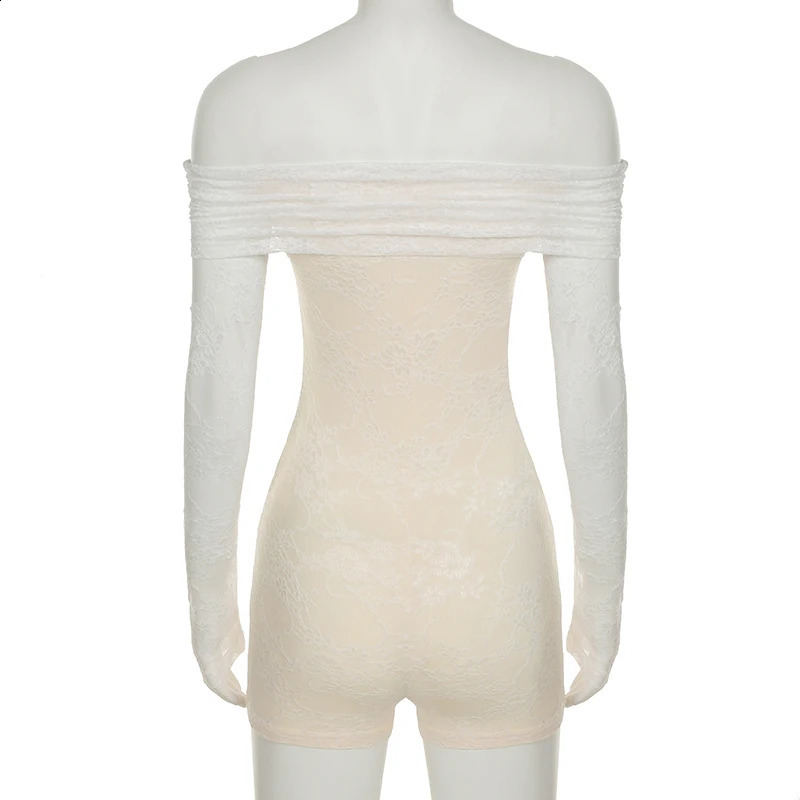Succute Shoulder Patch Work Sexy Lace Playsuits See Through Long Sleeve Tight jumpsuit Y2k Partywear Short 250411