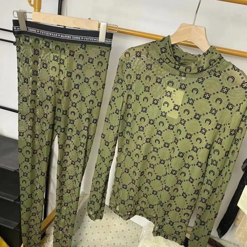 Women's Two Piece Pants Spicy Girl Set Women Korean Fashion Long Sleeve Moon Velvet Printed Base Shirt Thin Perspective Sexy Outfit