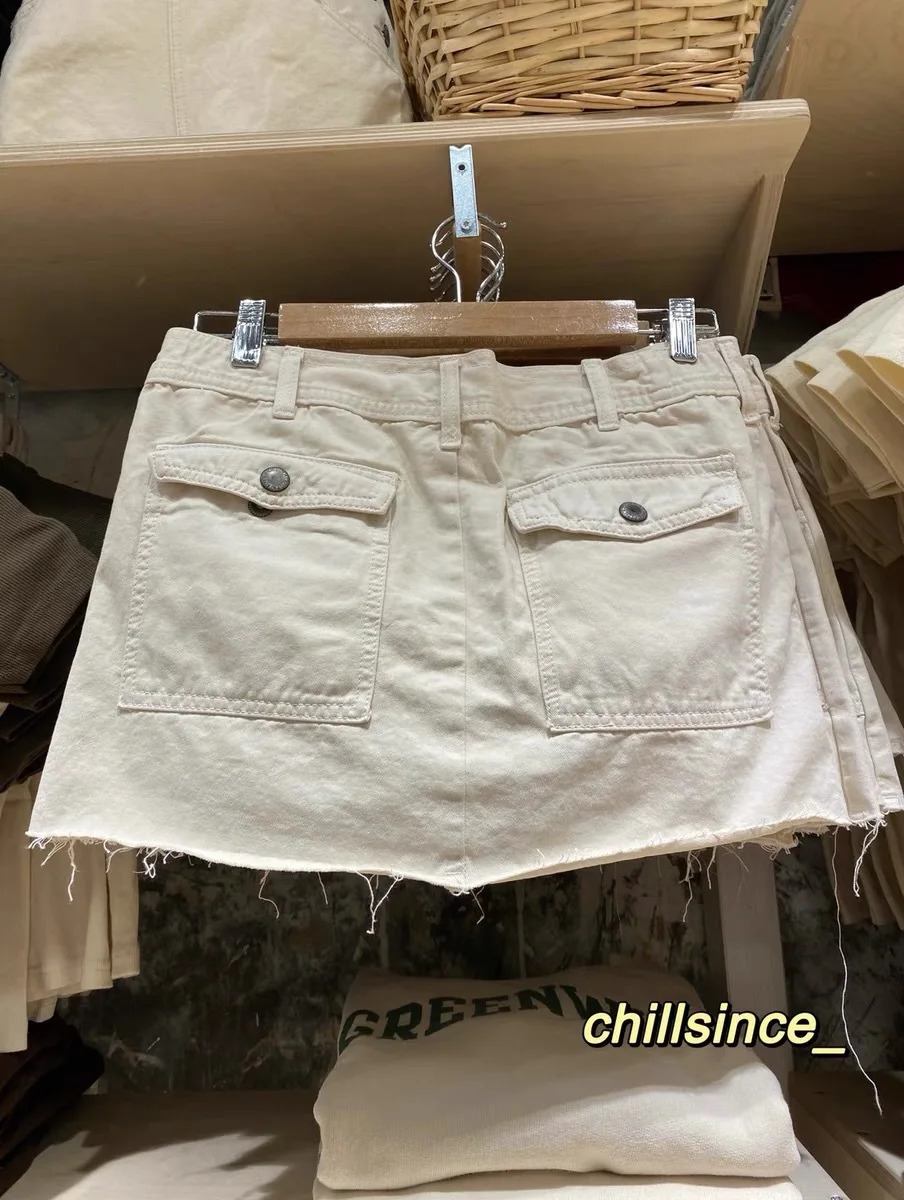 Vintage White Denim Skirts Summer High Waist Pockets A-line Jean Skirt Woman Streetwear Fashion All-match Y2k Pant Casual 250407
