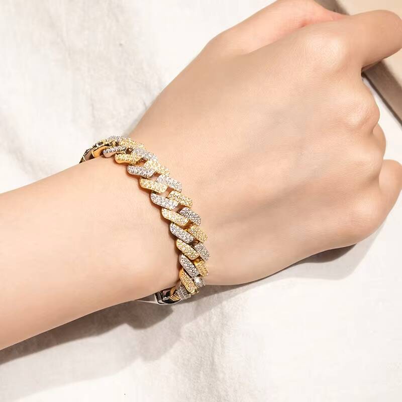 Birthday Gift Scintillating 18K Glad Plated Silver 15mm Two Tone Hip Hop Cuban Link Chain Moissanite