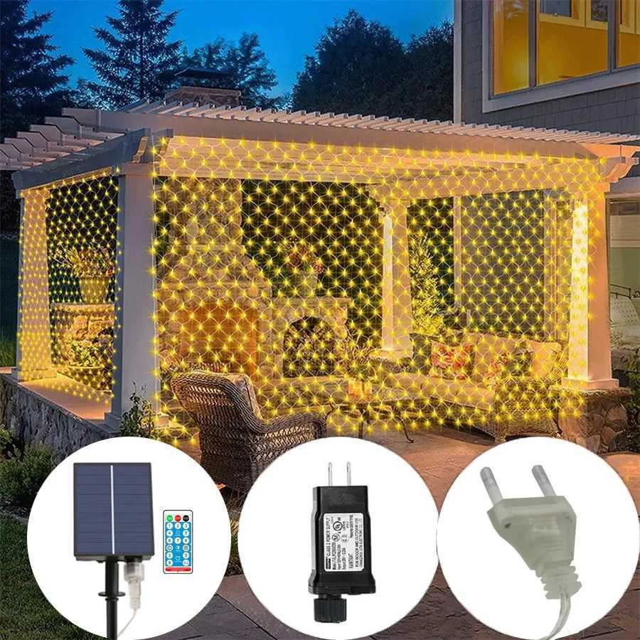 Solar or EU Plug Net Light Mesh Fairy Lights Waterproof Garland With 8 Modes Timer Christmas Decorations For Home 3M2M Holiday M251113
