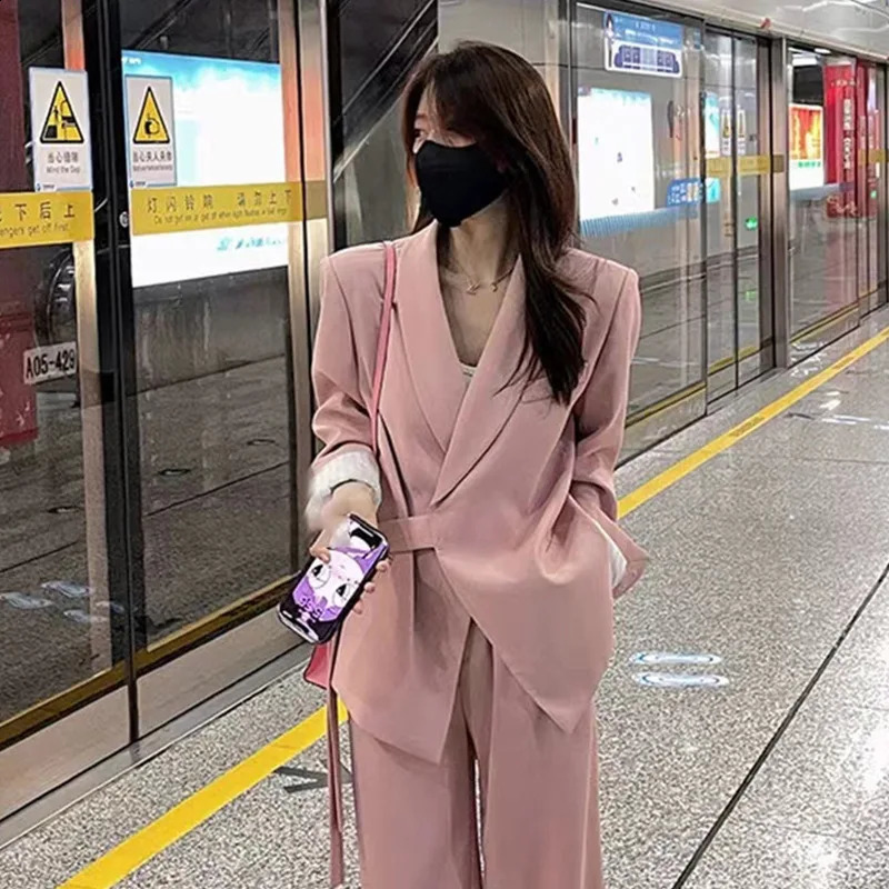Spring Womens Jacket High Waist Wide Leg Pants Solid Two Piece Set Spring and Autumn Womens Set 250410
