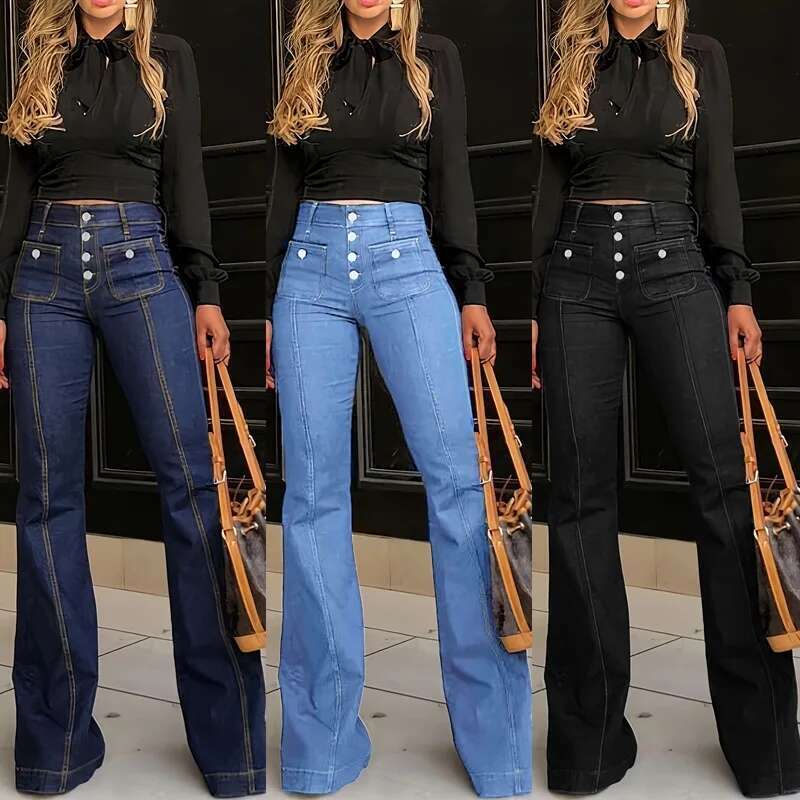 Vintage High Waited Woman Street Fashion Breasted Horn Black Clothing Rest Wide-Leg Pants Women Jeans