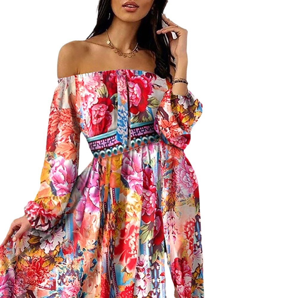 2025 Summer Evening Dress Printed Dress One Shoulder Hooded Long Sleeve Swing Open Skirt