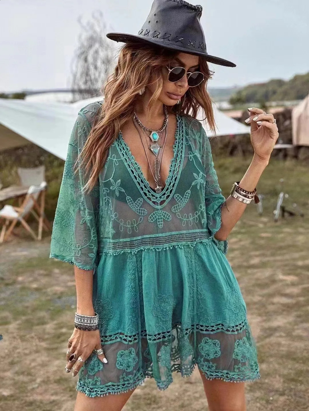 5Color Bikini Cover Ups 2024 Lace Beach Dress Solid Biquinis Kimono Womens No Size Sunscreen Short Sarong Vneck 250408
