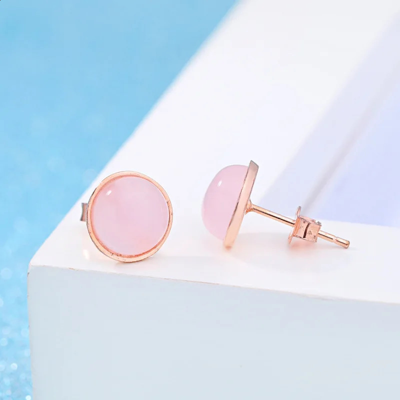 Wholesale Fashion Jewelry Crystal Pink Natural Plush Stone Rose Quartz 925 Pure Silver Round Stud Earrings 250409