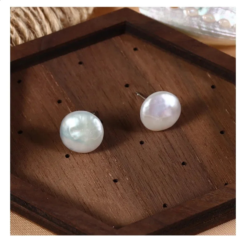 YWYC 11-12mm Big Block Button Freshwater Pearl Stud Earrings 925 Pure Silver Womens Jewelry Gift Wholesale 250409