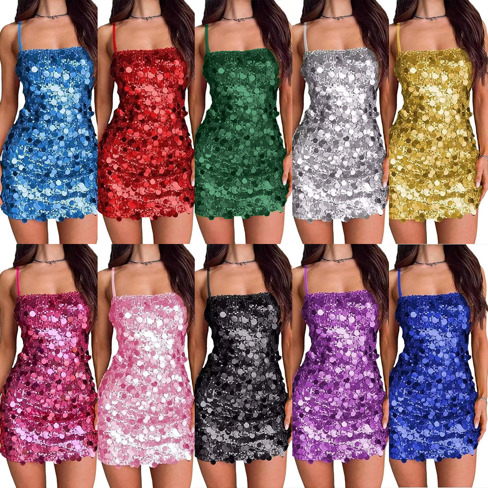 2025 Womens Sequined Camisole Dress Banquet Party Ball Spicy Girl Backless Short Bag Buttocks Skirt