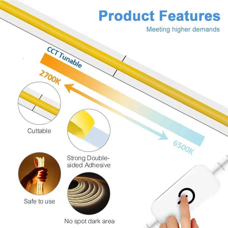 5V CCT COB LED Strip Light White Tunable Dimmable 3000K-6500K 5V LED Tape Light for Under Cabinet Bedroom Kitchen TV Mirror W251112