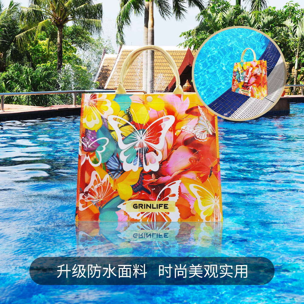 designer bag New environmentally friendly portable with printed waterproof beach travel, large capacity single shoulder women's tote bag