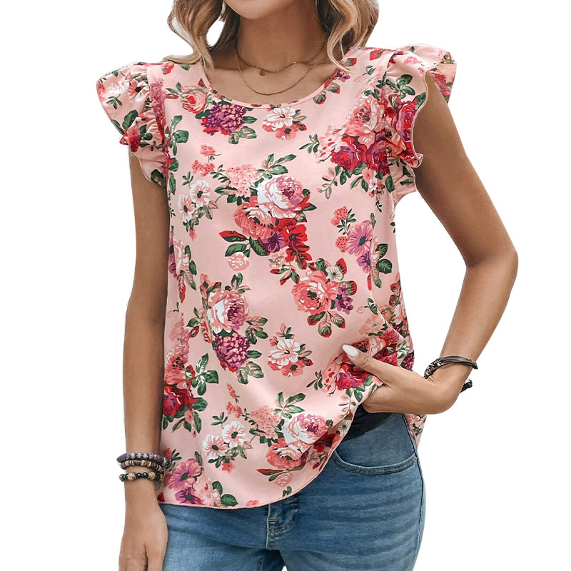 Womens shirt 2025 summer vacation style flower print shirt lotus leaf short sleeved top